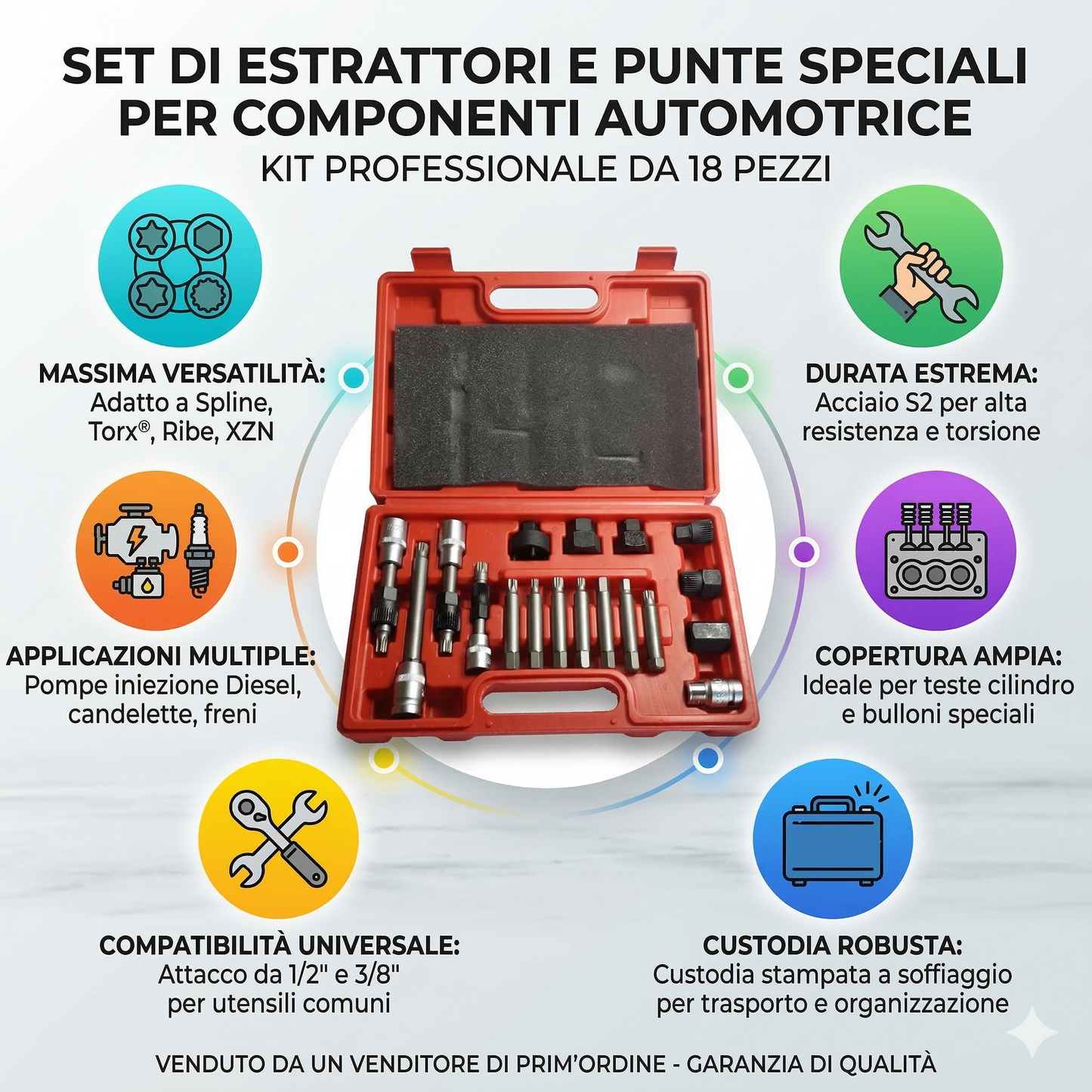 KIT DI CHIAVI PER SMONTAGGIO PULEGGIA E ALTERNATORE MOTORE AUTO 18 PEZZI VALIGIA