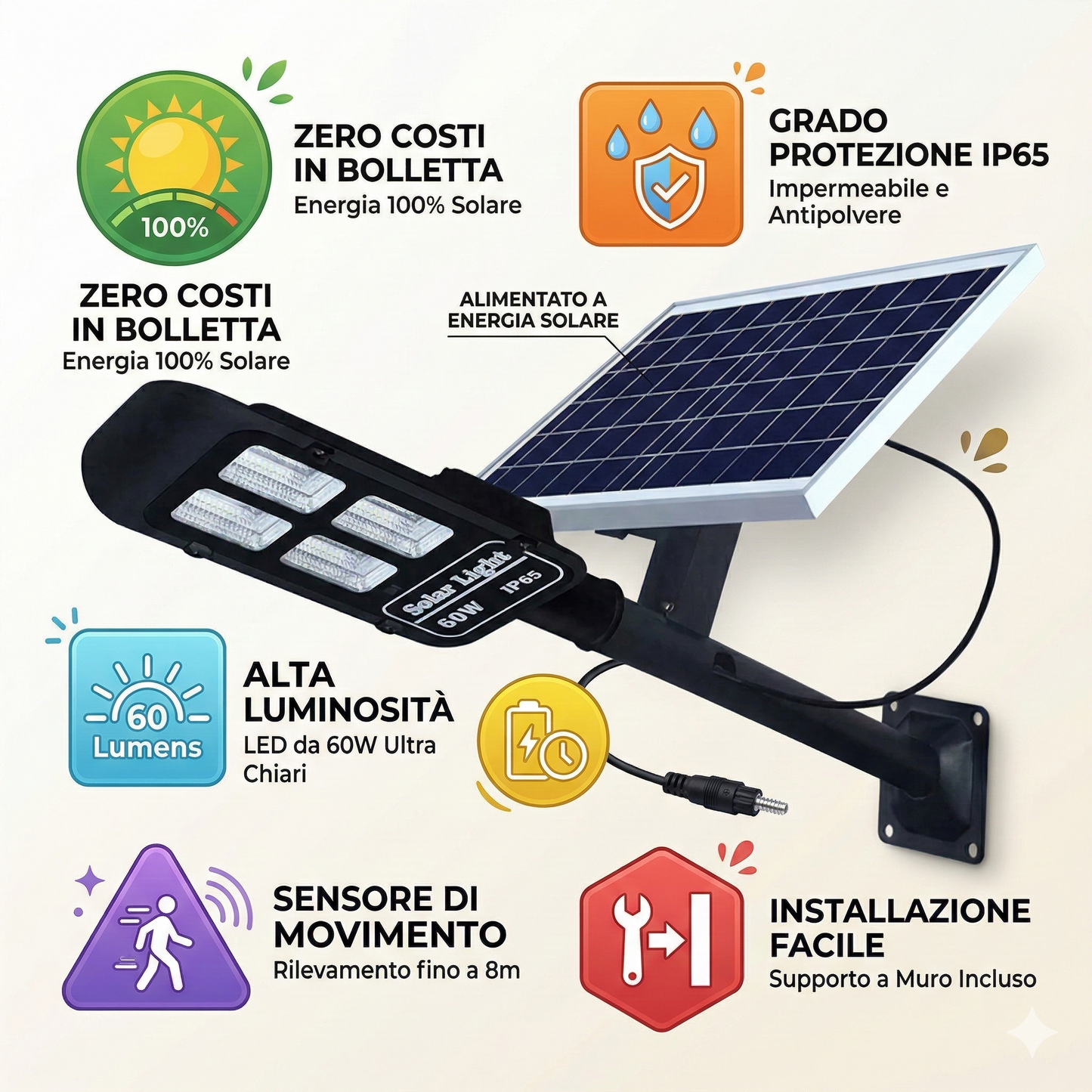 LAMPIONE STRADALE LED 50W PANNELLO SOLARE LUCE ESTERNO IP65 TELECOMANDO PALO