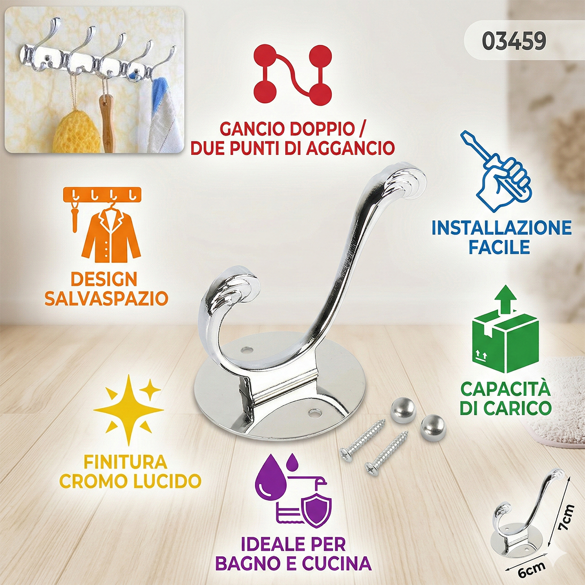 GANCIO APPENDIABITI BAGNO MURO GANCI ASCIUGAMANI CASA CROMATO DA PARETE 03459