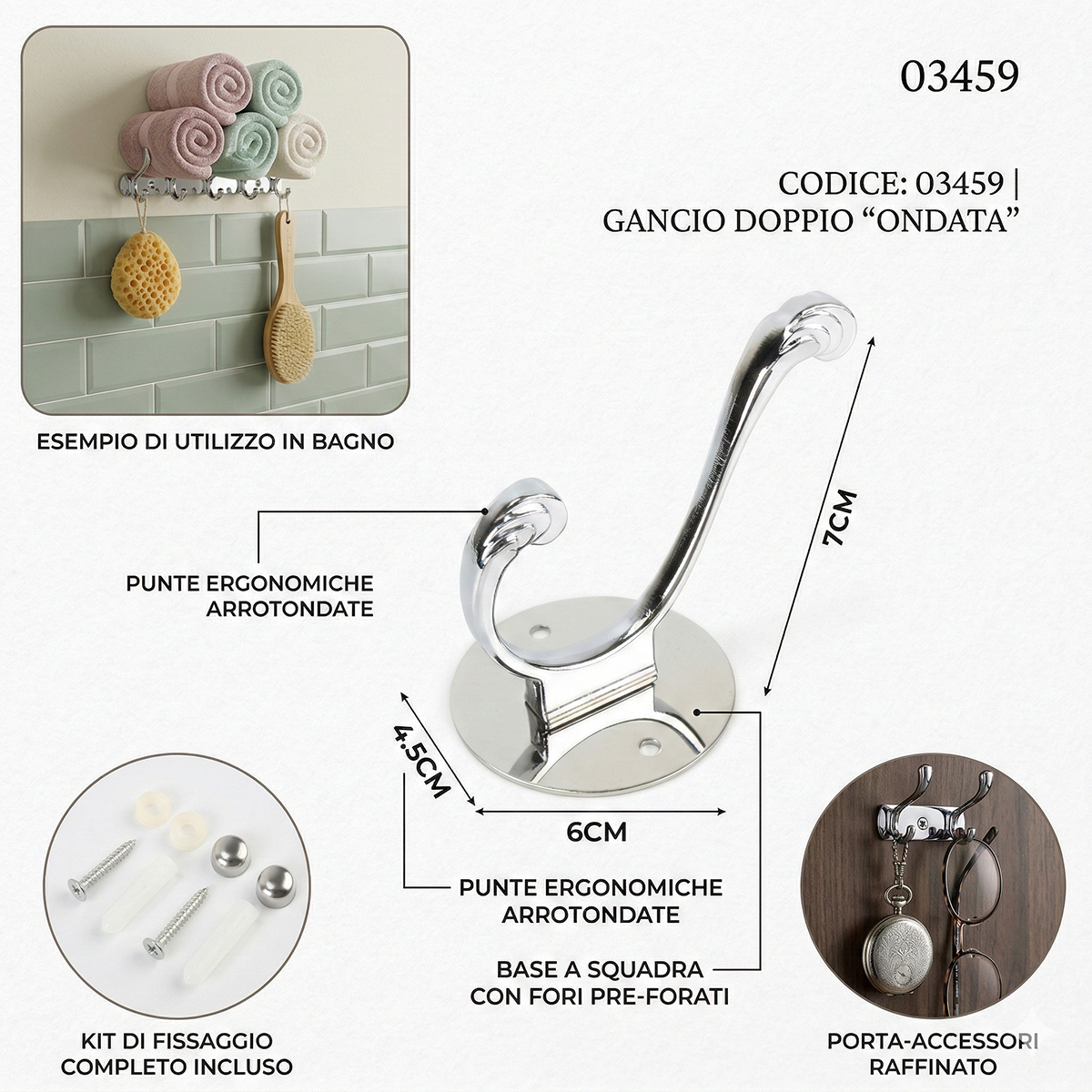 GANCIO APPENDIABITI BAGNO MURO GANCI ASCIUGAMANI CASA CROMATO DA PARETE 03459