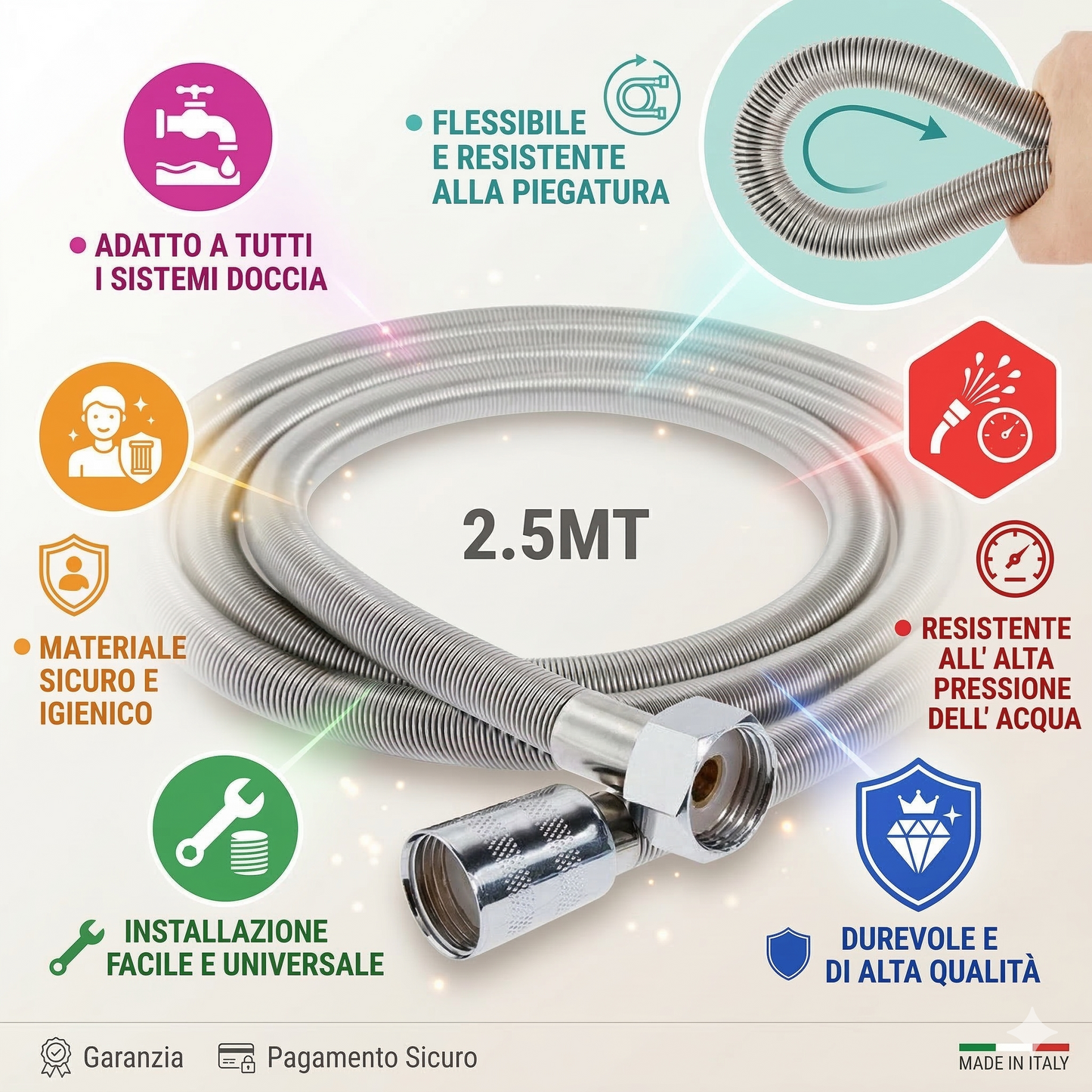 TUBO FLESSIBILE SOFFIONE DOCCINO DOCCIA VASCA BAGNO 2.5M ACCIAIO CROMATO 01985