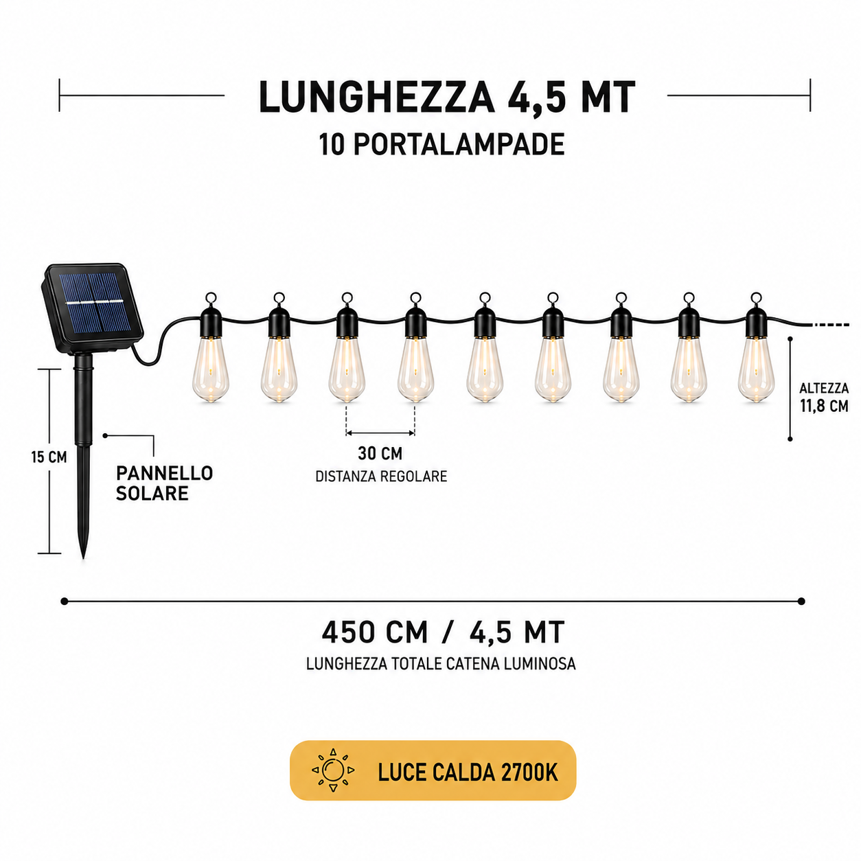 GUIRLANDE LUMINEUSE SOLAIRE EXTÉRIEURE INTÉRIEURE 10 AMPOULES LED BLANC CHAUD 2700K
