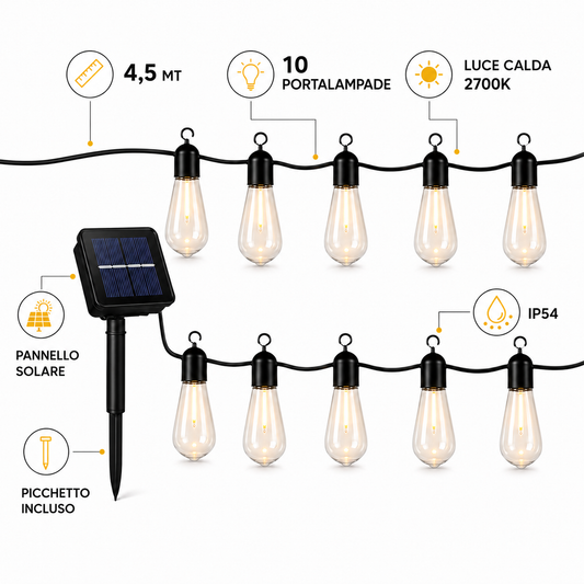 GUIRLANDE LUMINEUSE SOLAIRE EXTÉRIEURE INTÉRIEURE 10 AMPOULES LED BLANC CHAUD 2700K