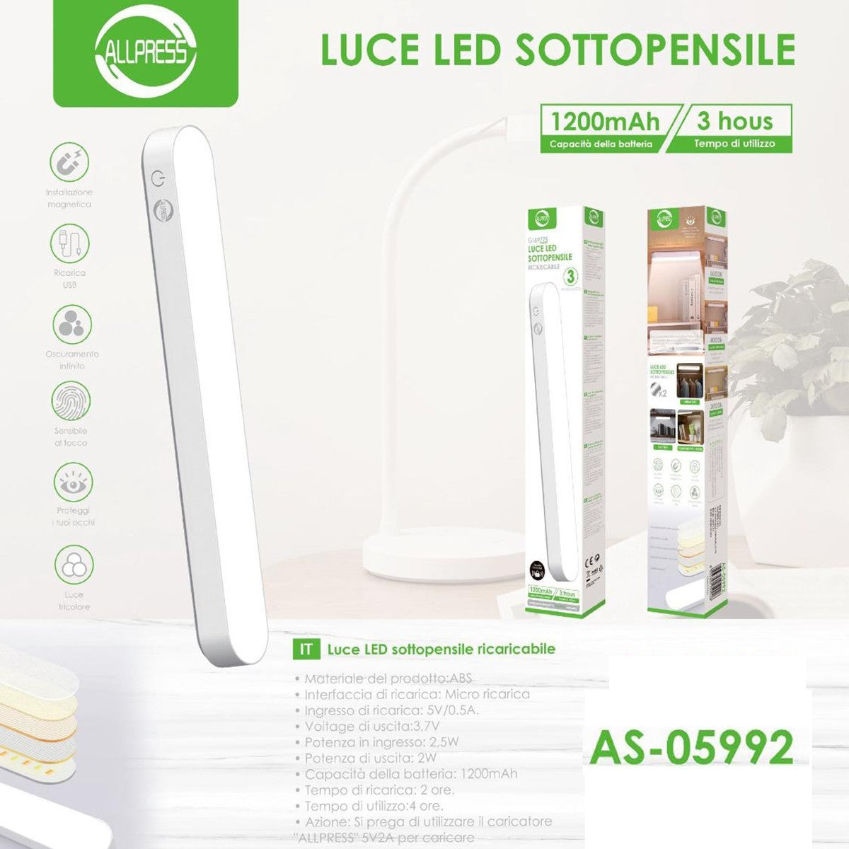 LUCE LED RICARICABILE SOTTOPENSILE MAGNETICA USB 1200MAH CUCINA ARMADIO AS-05992