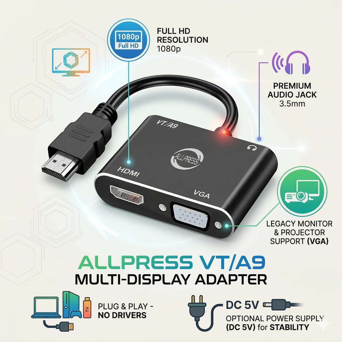 ADAPTATEUR HDMI VERS VGA + AVEC AUDIO POUR DÉCODEUR 1080P FULL HD POUR PC TV AS-08129