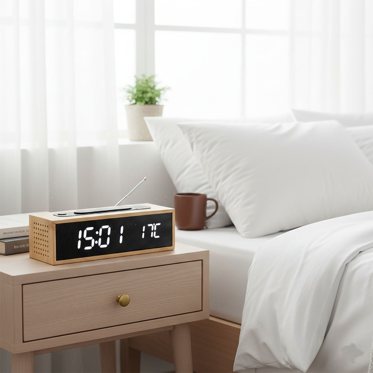RADIO SVEGLIA OROLOGIO DIGITALE FM IN BAMBU DISPLAY LED EFFETTO LEGNO 24H 06726