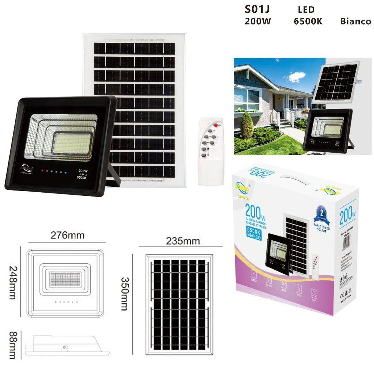 FARO LED FARETTO ALTA LUMINOSITA' PANNELLO SOLARE CREPUSCOLARE TELECOMANDO 200W