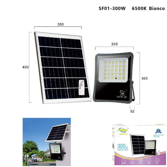 FARO LED FARETTO ALTA LUMINOSITA' PANNELLO SOLARE CREPUSCOLARE TELECOMANDO 300W