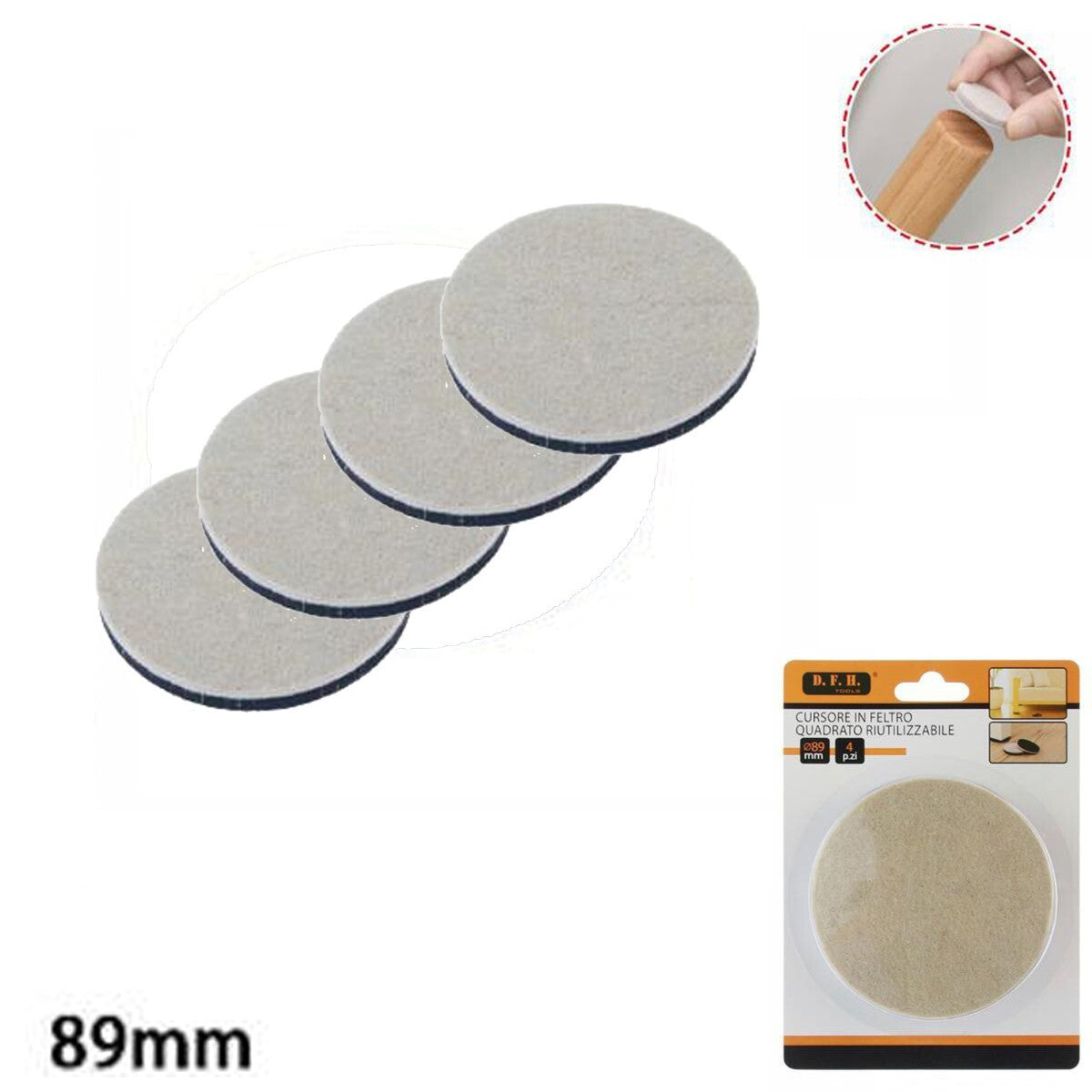 4 CURSEURS RONDS EN FEUTRE POUR PROTECTION MEUBLES CHAISES FEUTRES 89MM 74245