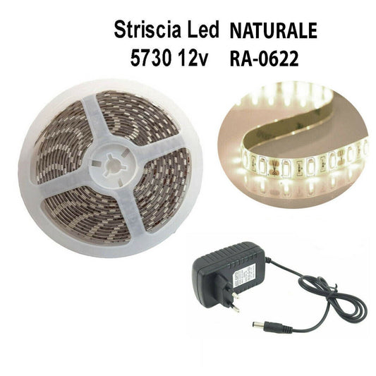BANDE LED 5730 5M LUMIÈRE BLANC NATUREL AUTOCOLLANTE IP65 AVEC ALIMENTATION 12V 2A