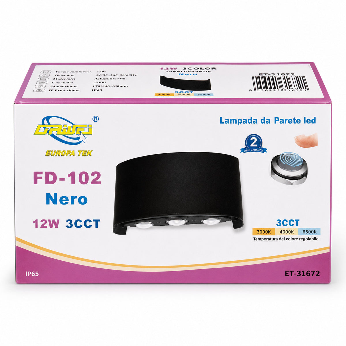 APPLIQUE LED 12W ESTERNO LAMPADA PARETE NERA IP65 3000K 4000K 6000K ET-31672