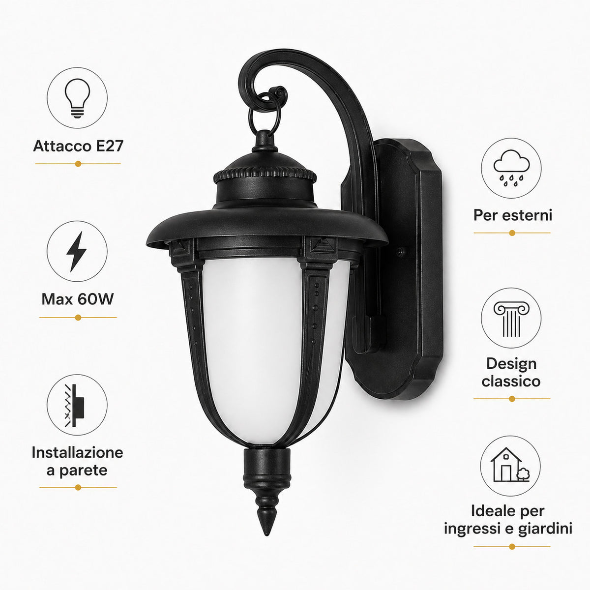 APPLIQUE DA ESTERNO LANTERNA NERA PARETE E27 MAX 60W CLASSICA GIARDINO IP44 A3-S
