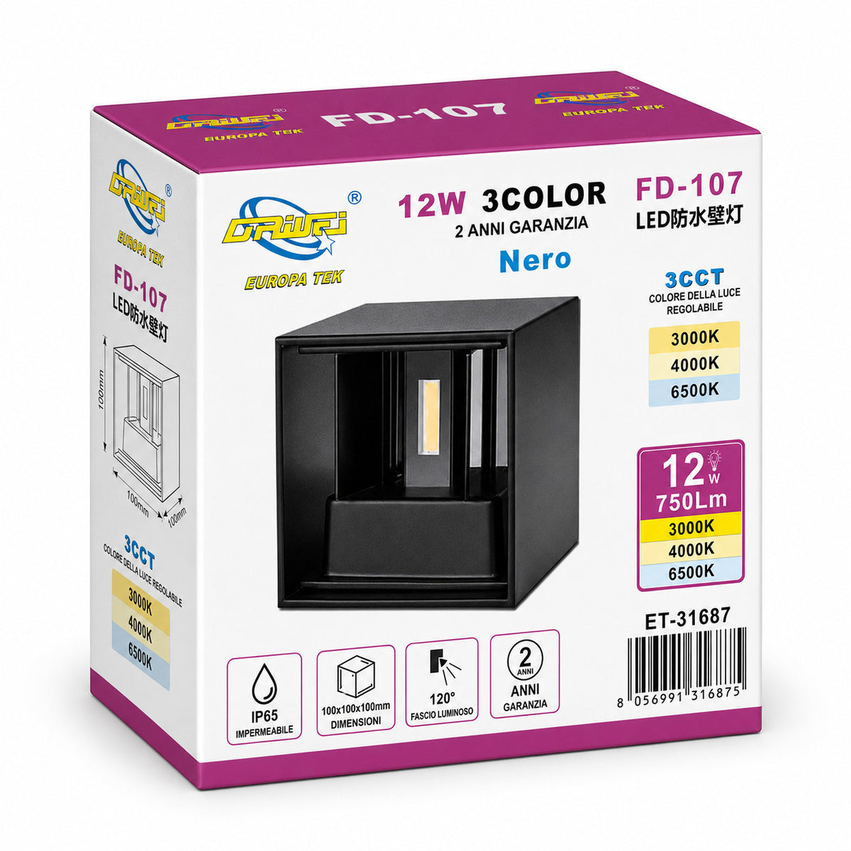 APPLIQUE LED 12W ESTERNO LAMPADA PARETE NERA IP65 3000K 4000K 6000K ET-31687