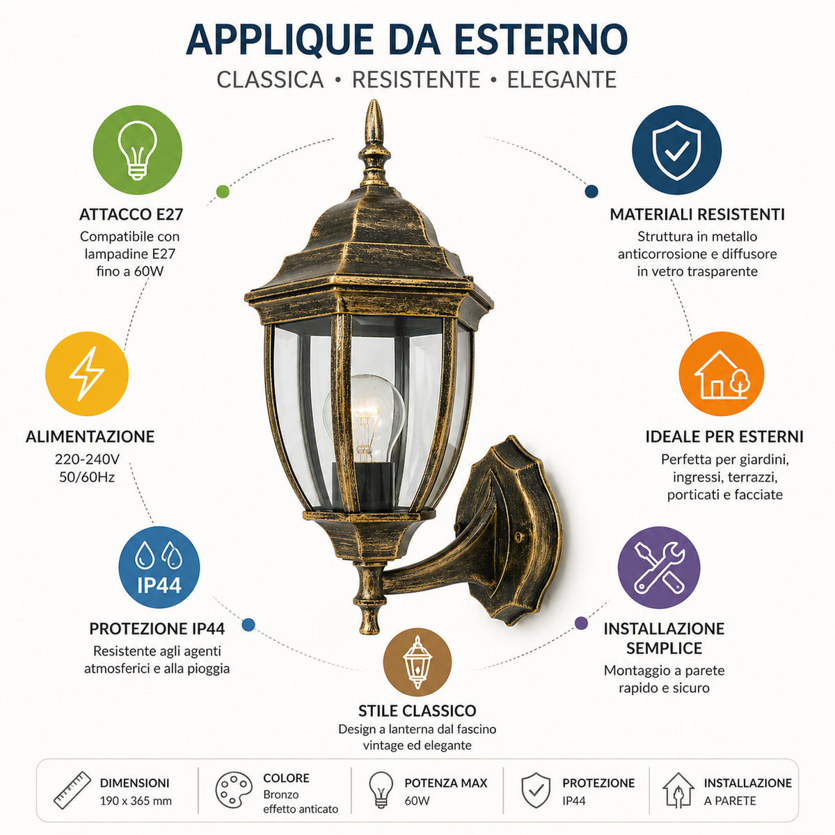 APPLIQUE MURALE EXTÉRIEURE LANTERNE E27 MAX 60W BRONZE ANTIQUE JARDIN IP44 A2-S