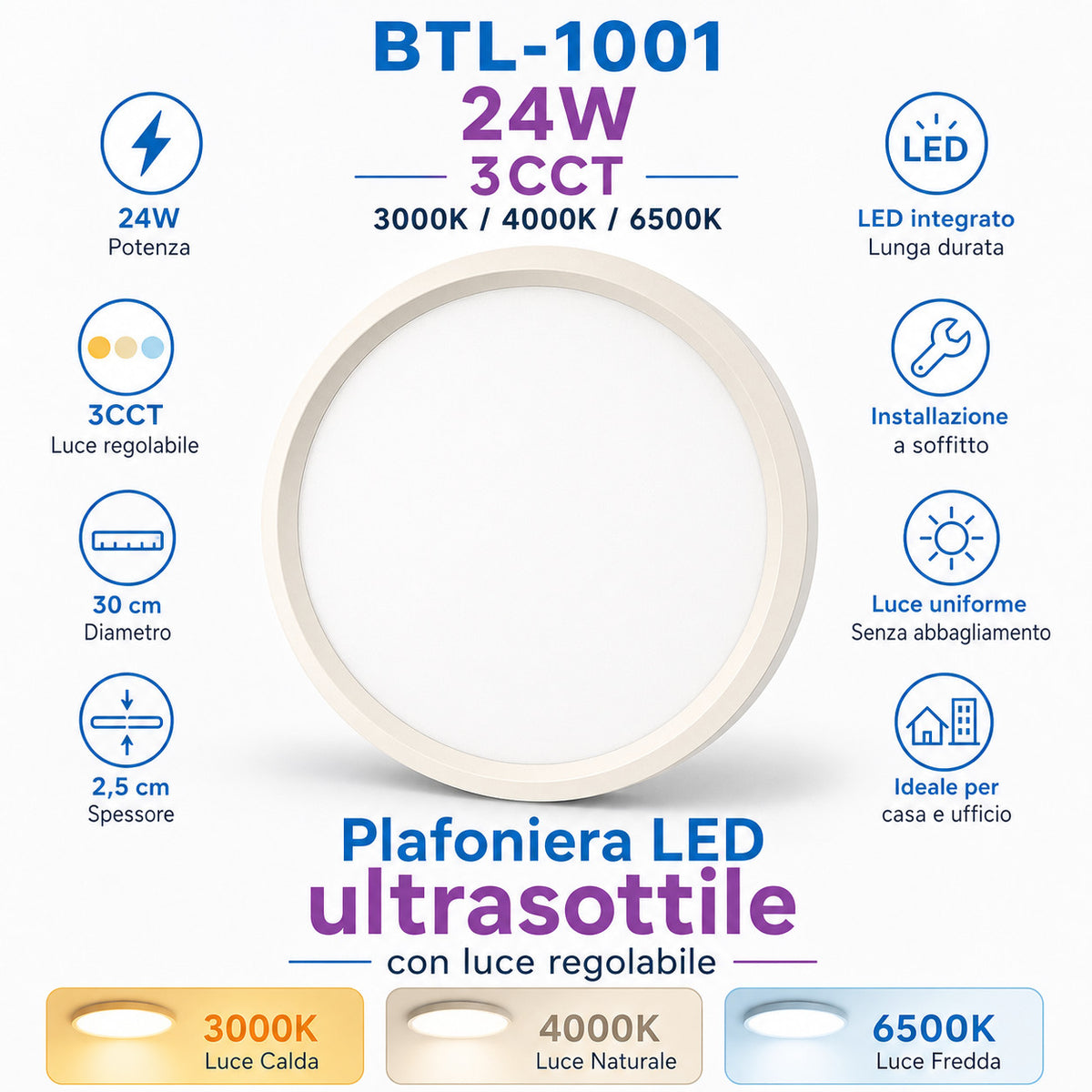PLAFONIERA LED 24W TONDA Ø30CM 3CCT LUCE 3000K 4000K 6500K SOFFITTO BTL-1001