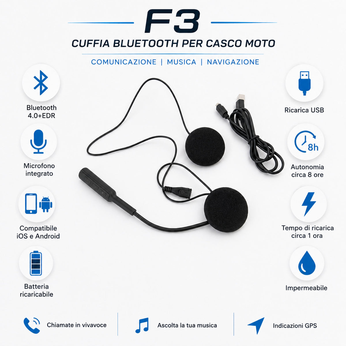 HEADSET MICROFONO AURICOLARE BLUETOOTH IMPERMEABILE PER CASCO MOTO SCOOTER MP3