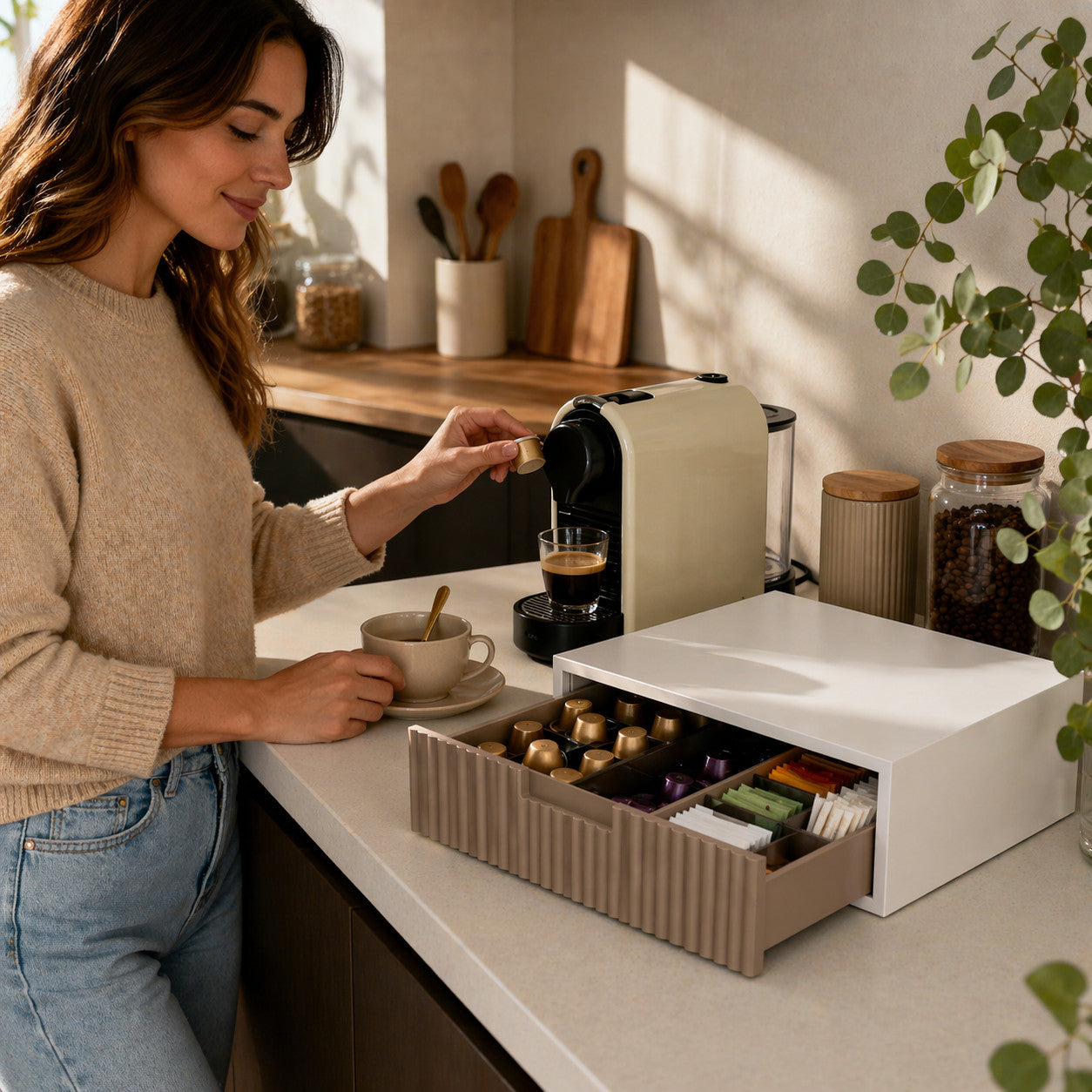 ORGANIZER CAFFE CAPSULE PORTA CIALDE CASSETTO LEGNO PENELLOPE 30X30 CM TORTORA