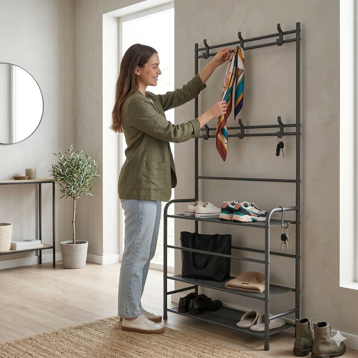 PORTE-MANTEAU AVEC ÉTAGÈRES ET CROCHETS MÉTAL GAIN DE PLACE ÉTAGÈRE À CHAUSSURES 72786