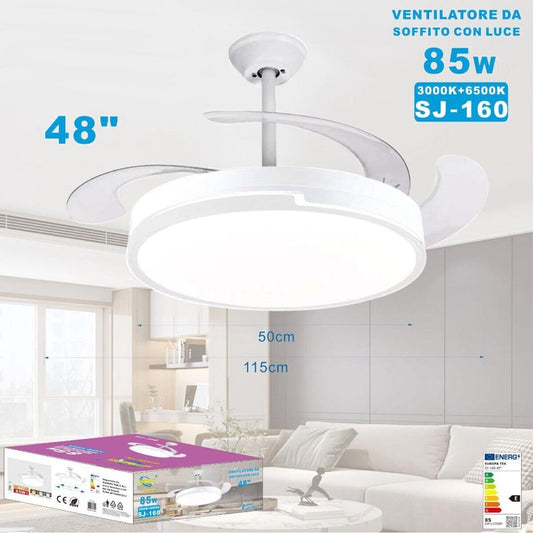 VENTILATORE SOFFITTO LUCE PALE SCOMPARSA 85W LAMPADARIO SOSPENSIONE 50CM SJ-160