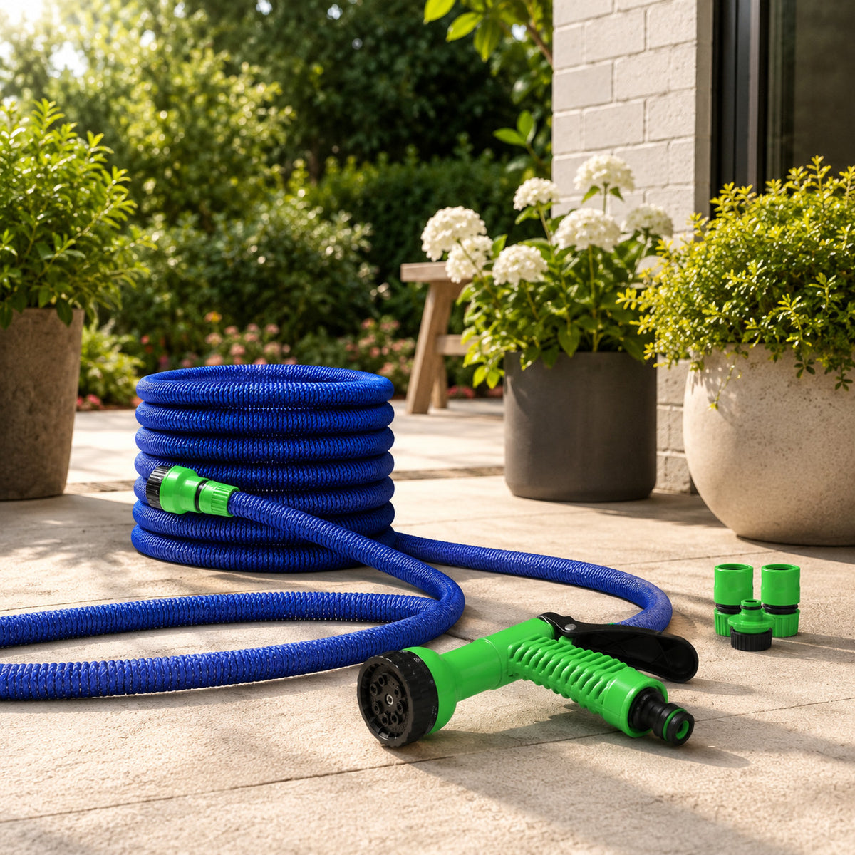 TUBO DA GIARDINO PIANTE FLESSIBILE ESTENSIBILE 22,5 METRI CON PISTOLA 7 FUNZIONI