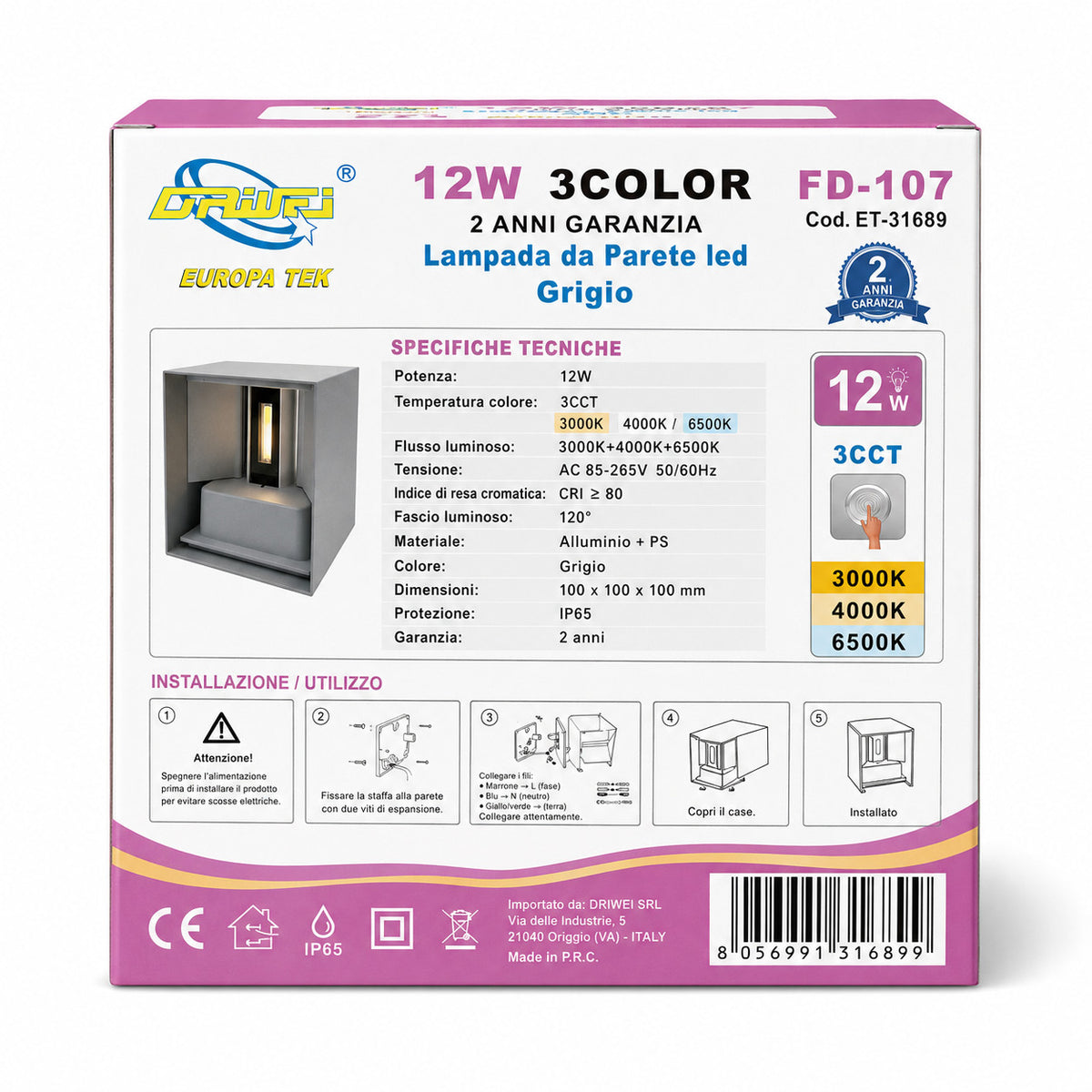 APPLIQUE LED 12W ESTERNO LAMPADA PARETE GRIGIO IP65 3000K 4000K 6000K ET-31689