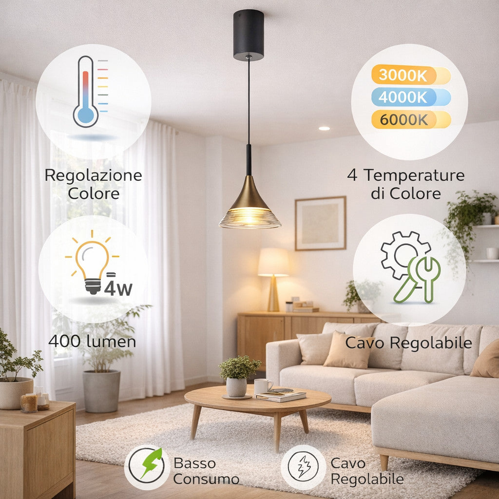 LAMPADA SOSPENSIONE LED 4W REGOLABILE 3 COLORI 3000K 4000K 6000K 400LM LP015