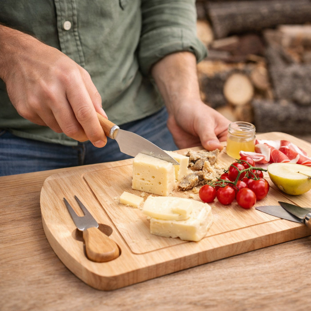 TAGLIERE LEGNO CON SET COLTELLI FORMAGGI 3 PEZZI VASSOIO SERVIZIO APERITIVO CENA