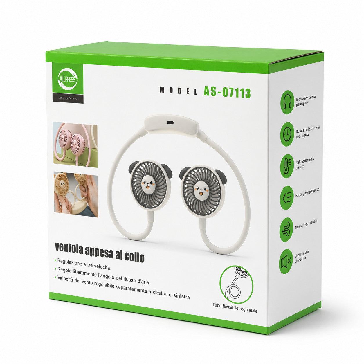 VENTILATORE COLLO PALE PORTATILE RICARICABILE SPORT 3 VELOCITÀ AS-07113