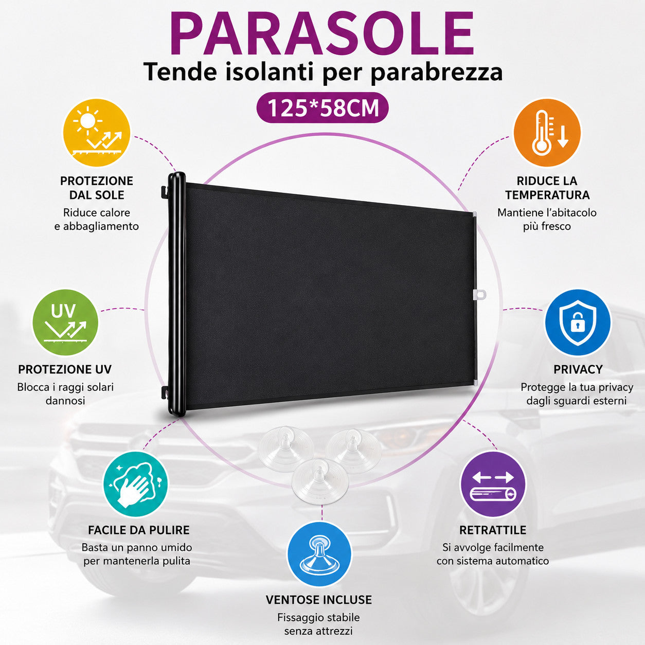 TENDINA PARASOLE AVVOLGIBILE PER AUTO 125x58CM PARABREZZA OSCURANTE CA-02466