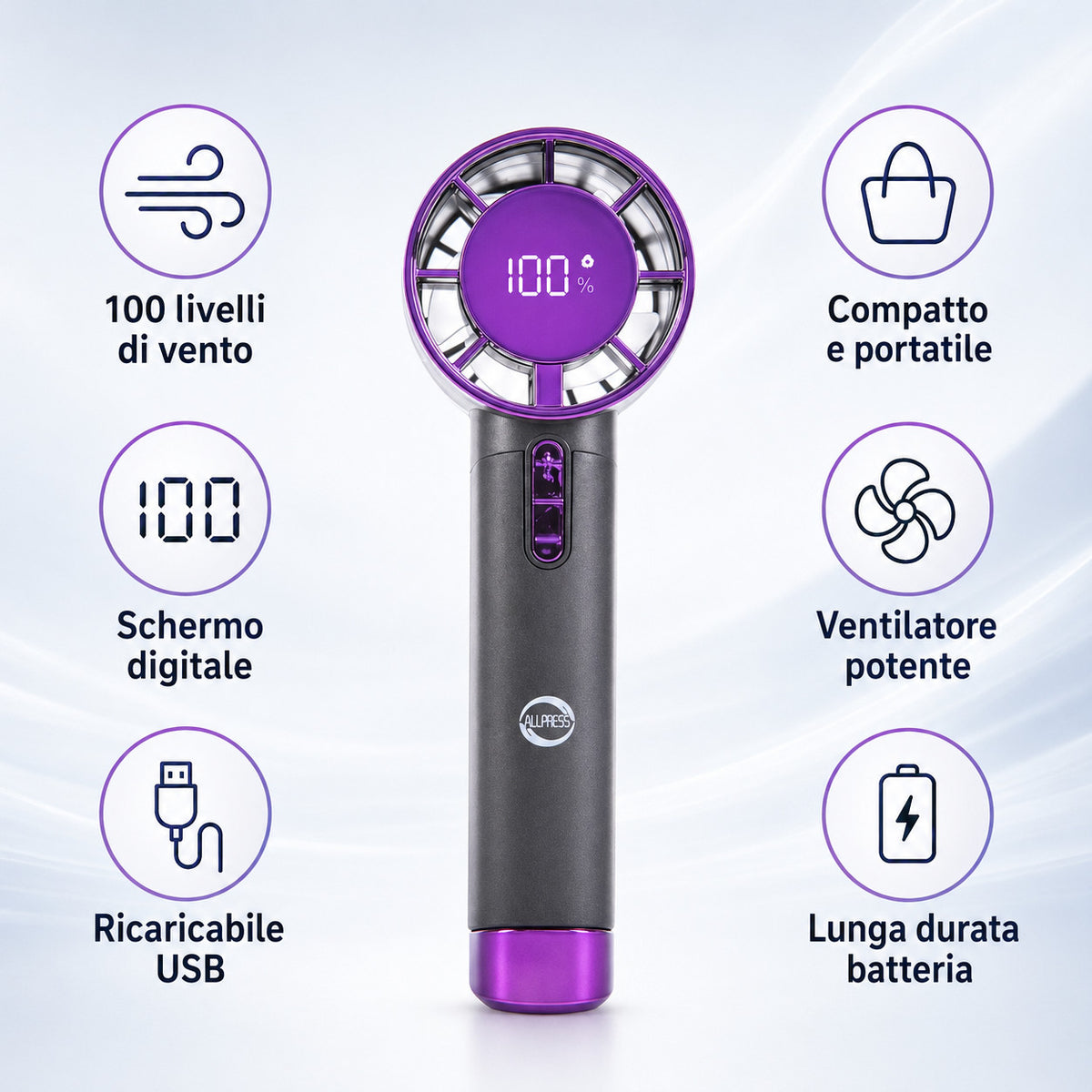 VENTILATORE PORTATILE RICARICABILE ARIA DISPLAY DIGITALE USB MINI FAN AS-06637