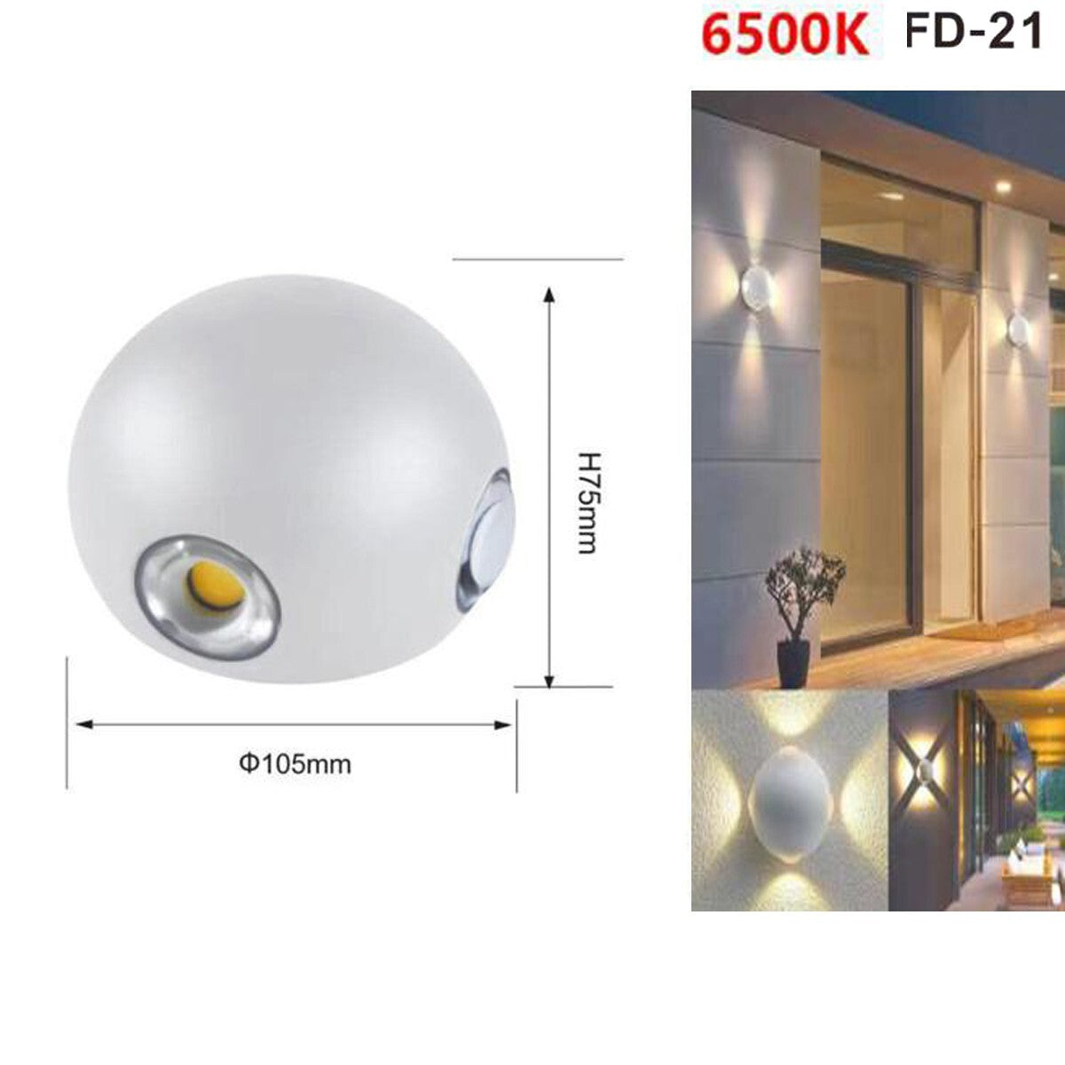 APPLIQUE LED 4 COB LAMPE MURALE RONDE BLANC FROID 6500K 12W EXTÉRIEUR FD-21*