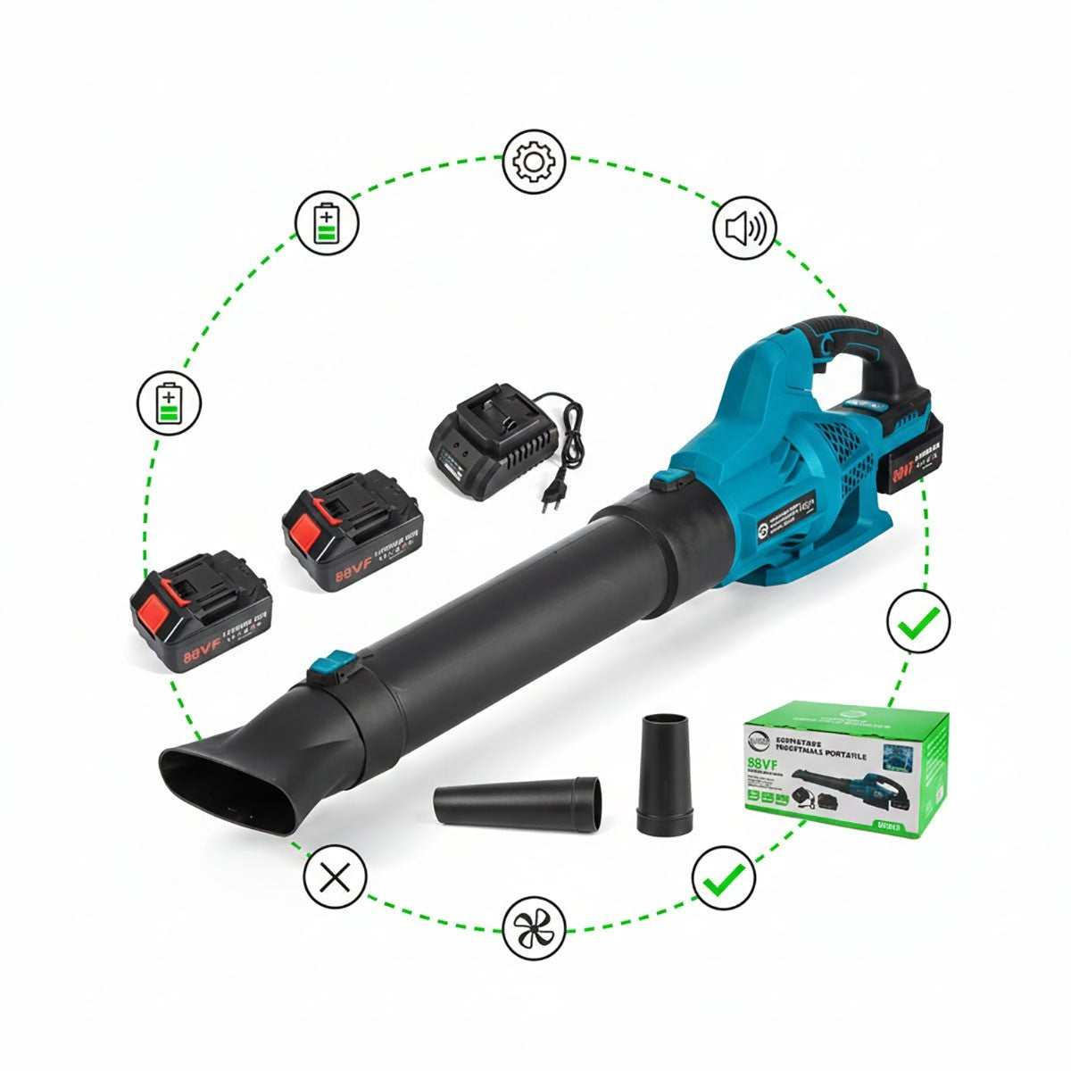 SOFFIATORE ELETTRICO PORTATILE A BATTERIA 88VF 2 BATTERIE FOGLIE GIARDINO 08633
