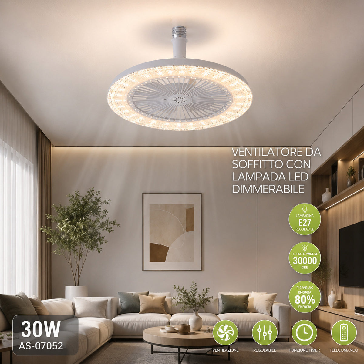VENTILATEUR DE PLAFOND 30W LED DIMMABLE TÉLÉCOMMANDE E27 USAGE DOMESTIQUE AS-07052