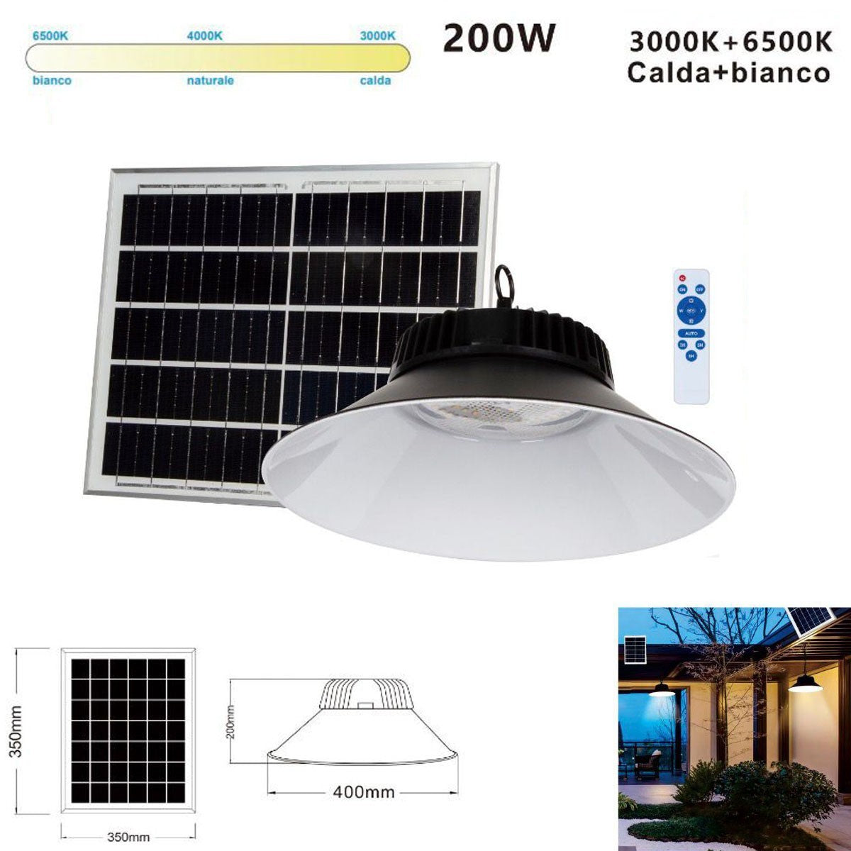LAMPADA LED SOLARE 200W PANNELLO FOTOVOLTAICO E TELECOMANDO 3CCT IP65 ET-31373