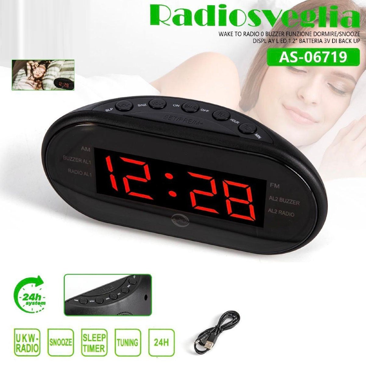 RADIO SVEGLIA DIGITALE DISPLAY LED ROSSO RADIOSVEGLIA OROLOGIO COMODINO FM 06719