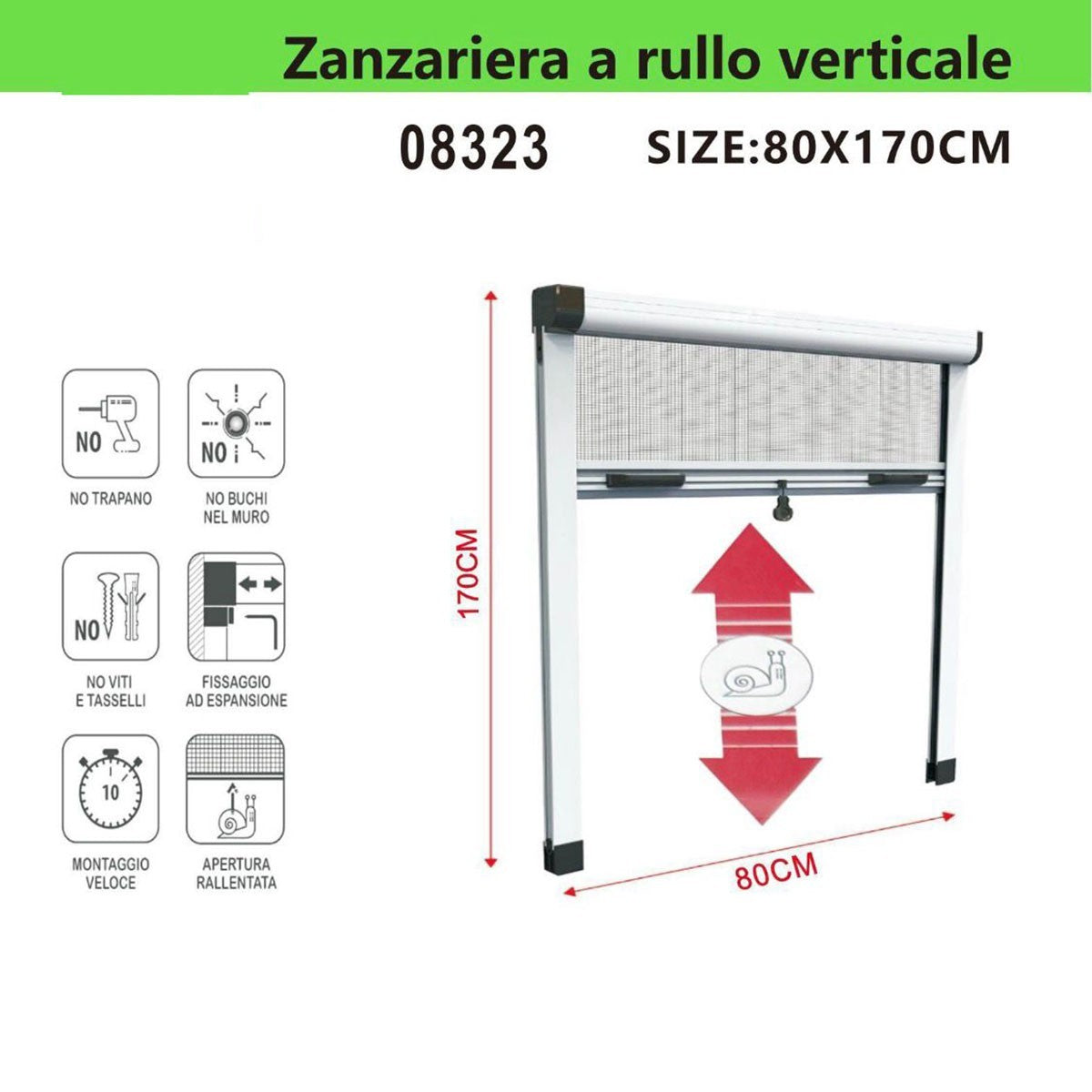 ZANZARIERA A RULLO 80X170CM VERTICALE SENZA FORI ALLUMINIO PER FINESTRA 08323