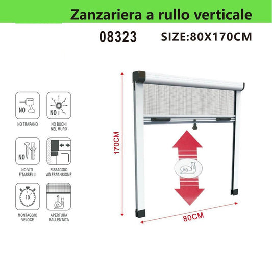 ZANZARIERA A RULLO 80X170CM VERTICALE SENZA FORI ALLUMINIO PER FINESTRA 08323