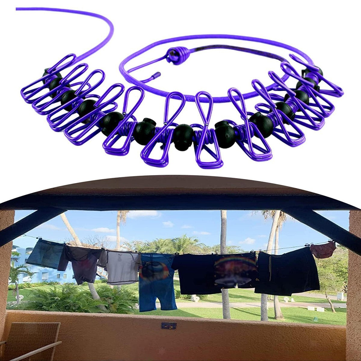 STENDIBIANCHERIA CORDA ELASTICA BALCONE CAVO DA VIAGGIO CAMPEGGIO 12 MOLLETTE