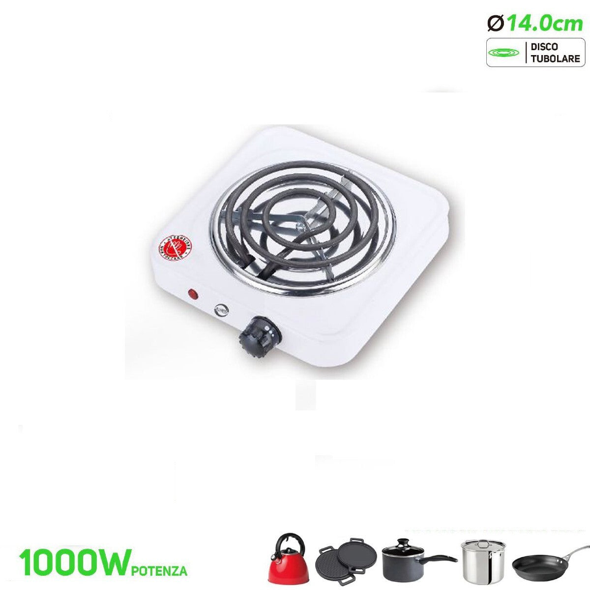 FORNELLO ELETTRICO SPIRALE 1000W CAMPEGGIO ACCIAIO PIASTRA TERMOSTATO 14CM H-001