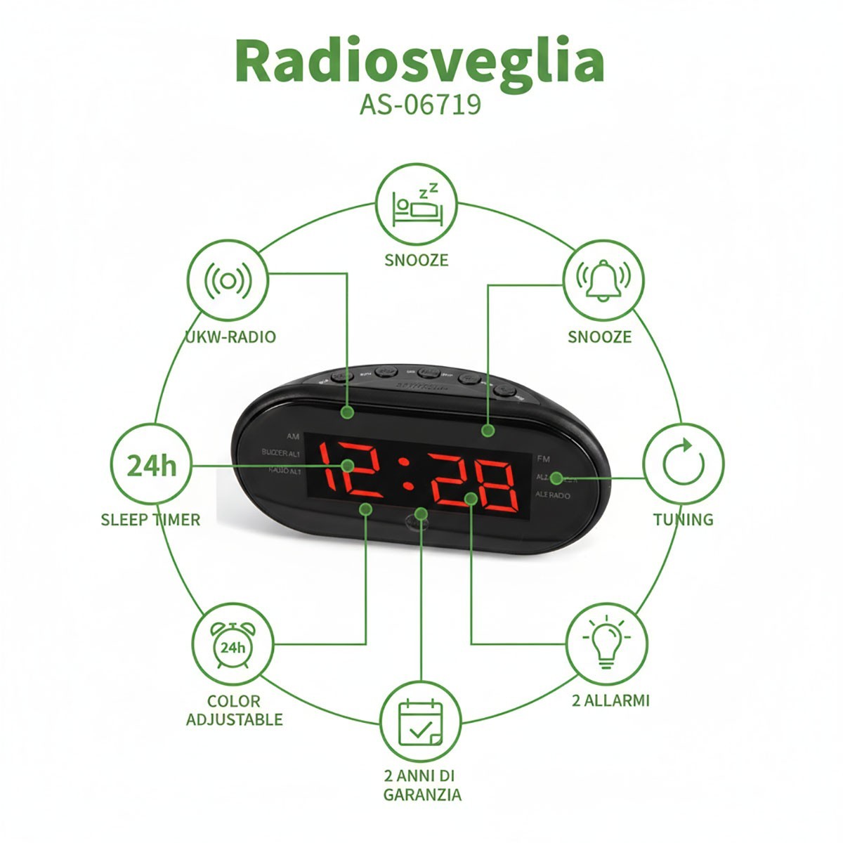 RADIO SVEGLIA DIGITALE DISPLAY LED ROSSO RADIOSVEGLIA OROLOGIO COMODINO FM 06719