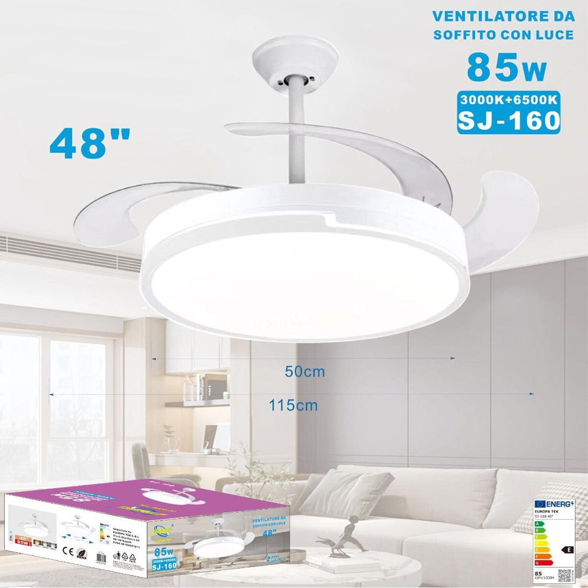 VENTILATEUR PLAFOND LUMIÈRE PALES RÉTRACTABLES 85W LUMINAIRE SUSPENDU 50CM SJ-160
