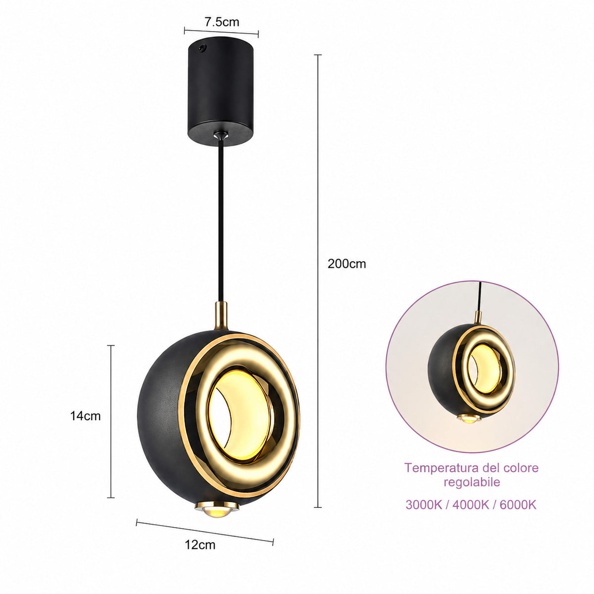 LAMPADARIO LED A SOSPENSIONE MODERNO TONDO NERO ORO 11W DIMMERABILE CCT LP027