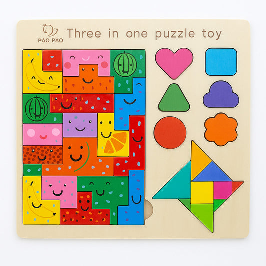 JEU ÉDUCATIF BOIS PUZZLE FORMES COULEURS ENFANTS 3 EN 1 MONTESSORI 22.5CM 07286