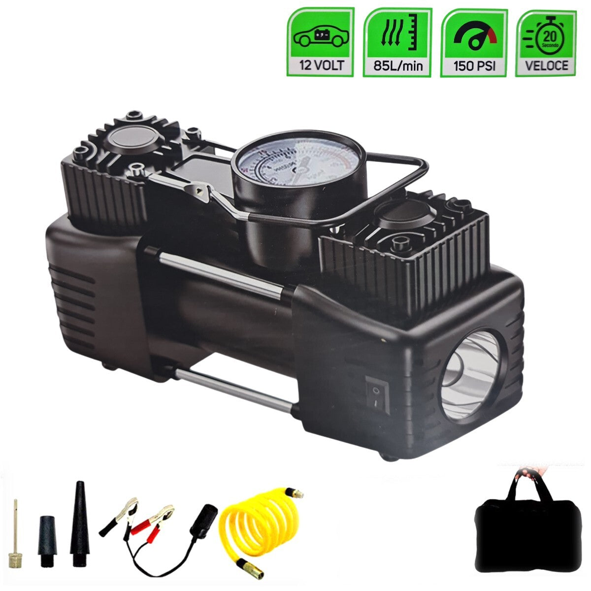COMPRESSEUR PORTABLE 12V 150 PSI MINI GONFLEUR DE PNEUS 85 LITRES/MIN MANOMÈTRE