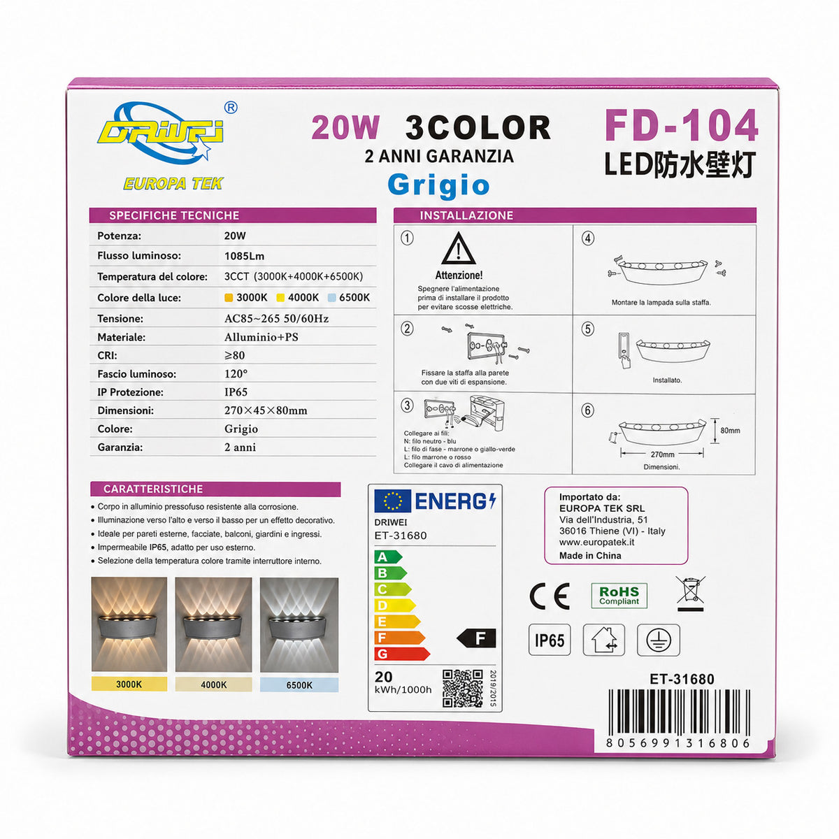 APPLIQUE LED 20W ESTERNO LAMPADA PARETE GRIGIA IP65 3000K 4000K 6000K ET-31680