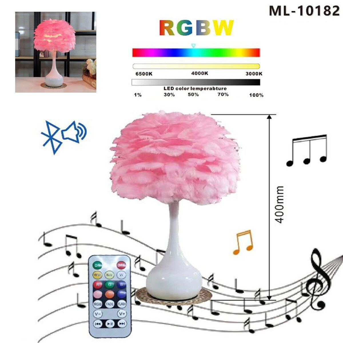 LAMPE LED RGBW AVEC PLUMES ROSES TABLE DE CHEVET BLUETOOTH TÉLÉCOMMANDE MUSIQUE