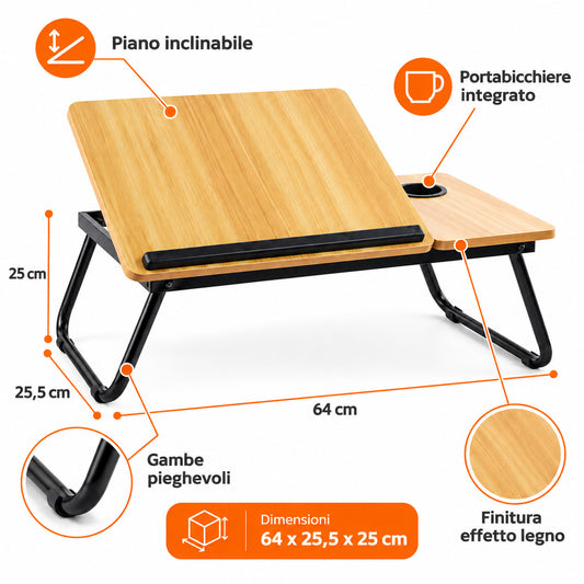 TAVOLINO LETTO PC LAPTOP PIEGHEVOLE PORTA BICCHIERE LEGNO CHIARO DIVANO 31196