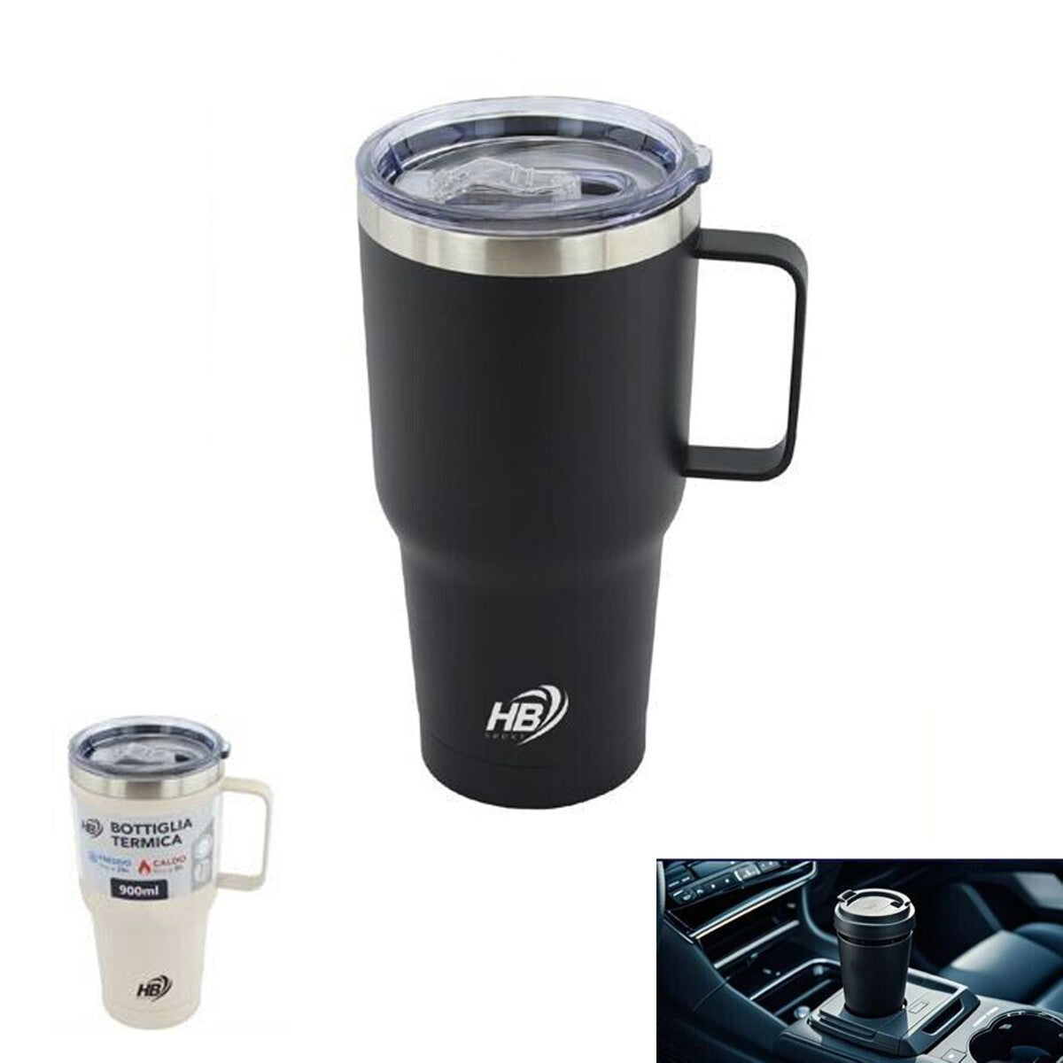 BOTTIGLIA TERMICA 900ML ACCIAIO MANICO TAZZA VIAGGIO AUTO CALDO FREDDO 90067