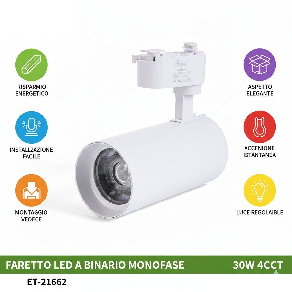 FARETTO LED BINARIO 30W MONOFASE BIANCO 3CCT 3000K 4000K 6000K 2740LM ET-21662