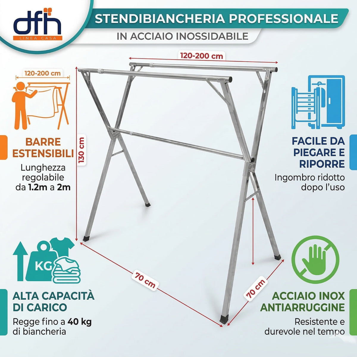 STENDIBIANCHERIA ALLUNGABILE 120-200CM PIEGHEVOLE ACCIAIO BALCONE ESTERNO 69729